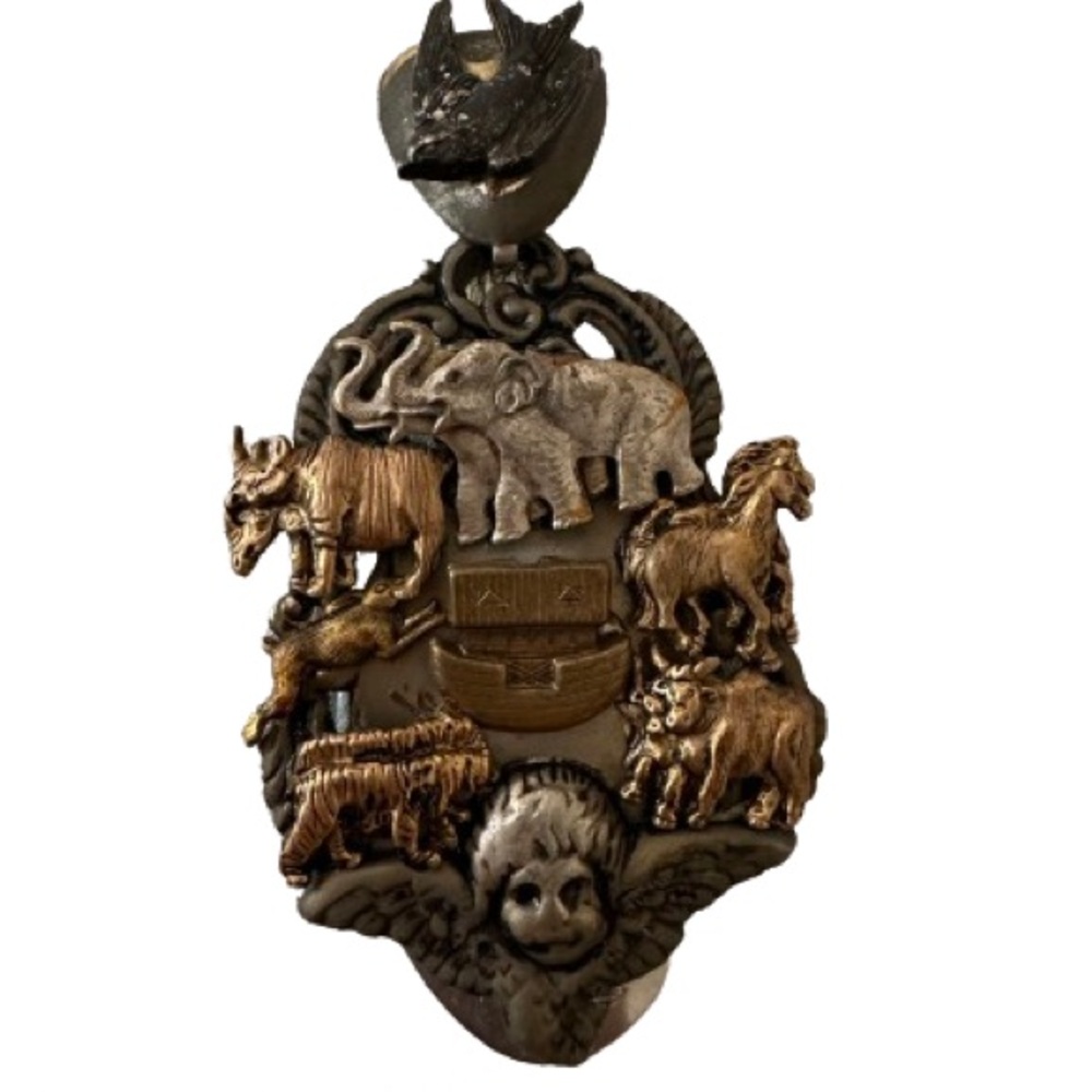 Vintage Noahs Ark Spoon Art Necklace Pendant Mixed Metal Giraffe Animals,
